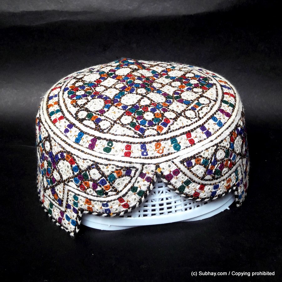 White Multi Colour Saeedabad Yaqoobi Zardari Cap or Topi MKC-728